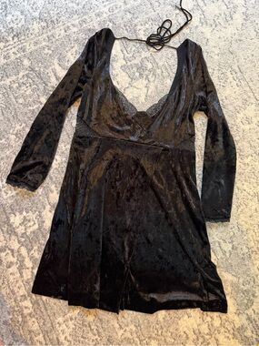 Free People Black Velvet Mini Dress with Lace Trim